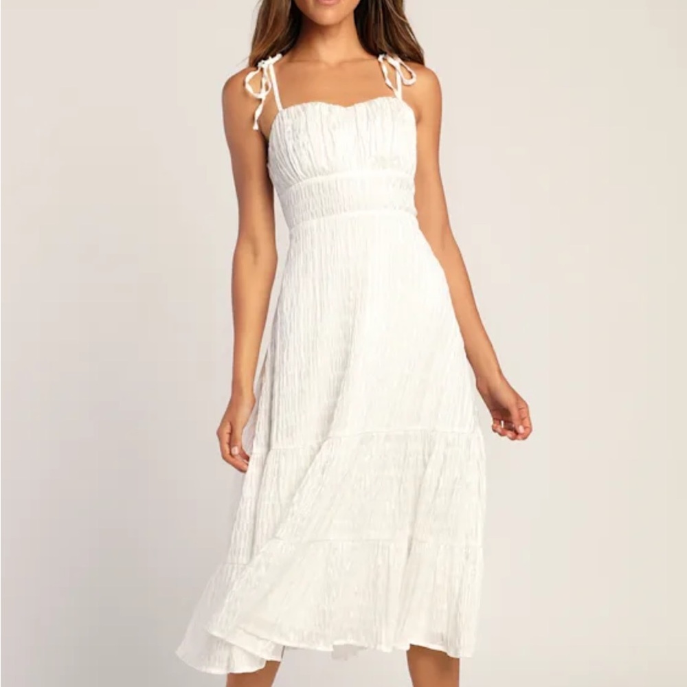 Sparkling Scene White Metallic Striped Tie-Strap Midi Dress